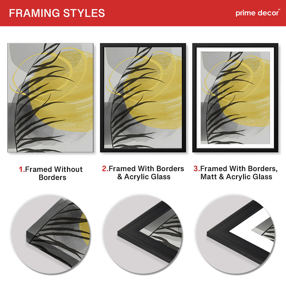 Beautiful Tropical Leaves Over Yellow & Grey Background | Abstract Floral Artwork #00310 - Prime Décor