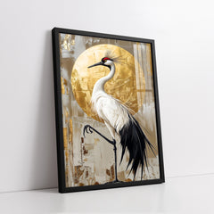 White Crane Bird With Golden Moon Knife Work (Single Panel) Digital Painting Wall Art