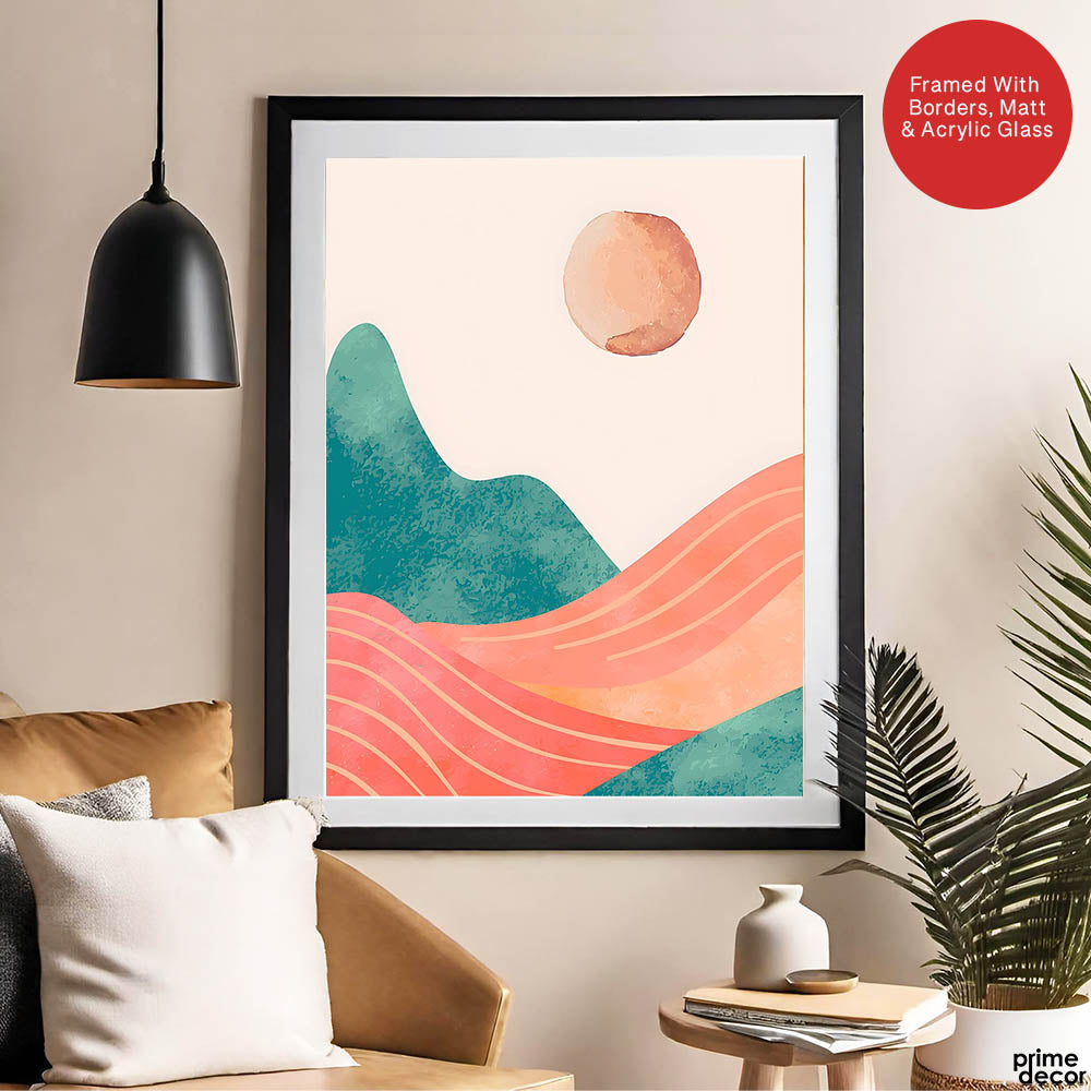 Orange & Green Abstract Mountain Design With Moon | Abstract Nature Artwork #00311 - Prime Décor