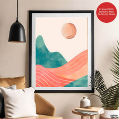 Orange & Green Abstract Mountain Design With Moon | Abstract Nature Artwork #00311 - Prime Décor