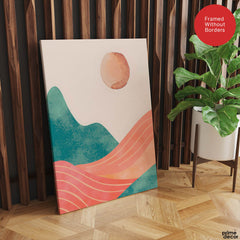 Orange & Green Abstract Mountain Design With Moon | Abstract Nature Artwork #00311 - Prime Décor