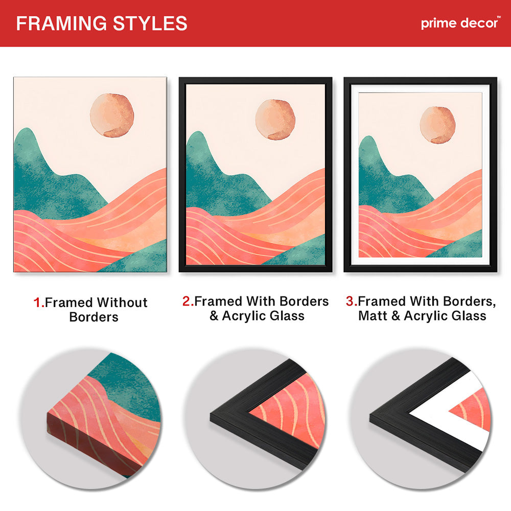Orange & Green Abstract Mountain Design With Moon | Abstract Nature Artwork #00311 - Prime Décor