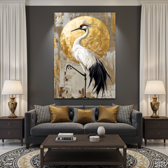 White Crane Bird With Golden Moon Knife Work (Single Panel) Digital Painting Wall Art