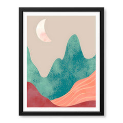 Orange & Green Abstract Mountain Design With Moon | Abstract Nature Artwork #00312 - Prime Décor