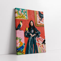 Woman In Teal Dress With Colorful Birds Knife Work (Single Panel) Digital Painting Wall Art
