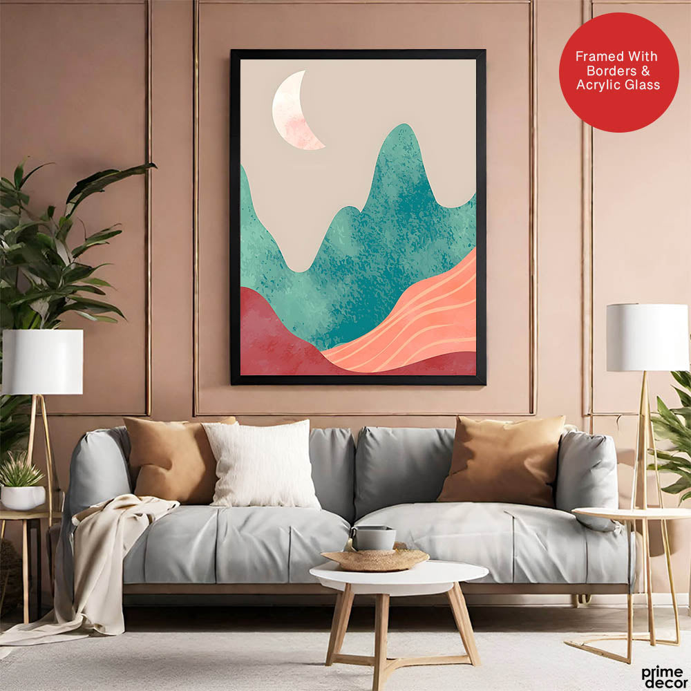 Orange & Green Abstract Mountain Design With Moon | Abstract Nature Artwork #00312 - Prime Décor