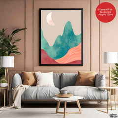 Orange & Green Abstract Mountain Design With Moon | Abstract Nature Artwork #00312 - Prime Décor