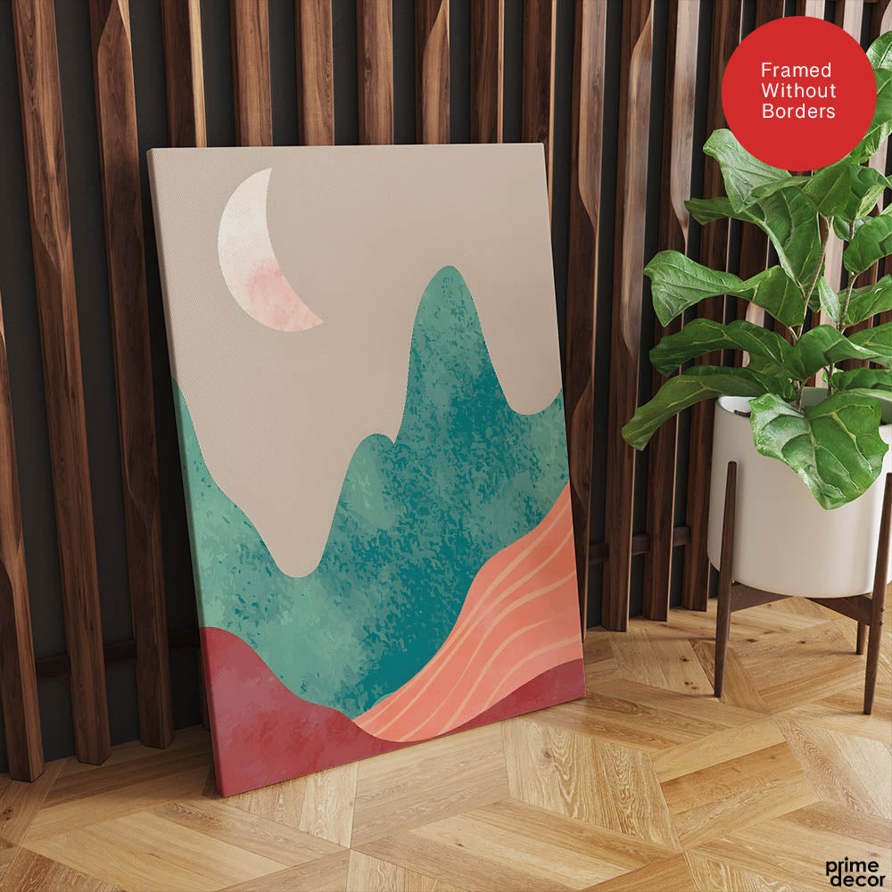Orange & Green Abstract Mountain Design With Moon | Abstract Nature Artwork #00312 - Prime Décor