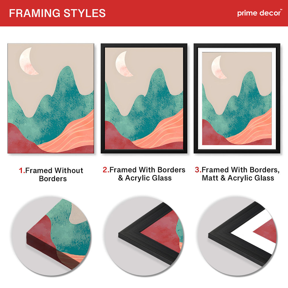 Orange & Green Abstract Mountain Design With Moon | Abstract Nature Artwork #00312 - Prime Décor