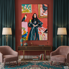 Woman In Teal Dress With Colorful Birds Knife Work (Single Panel) Digital Painting Wall Art
