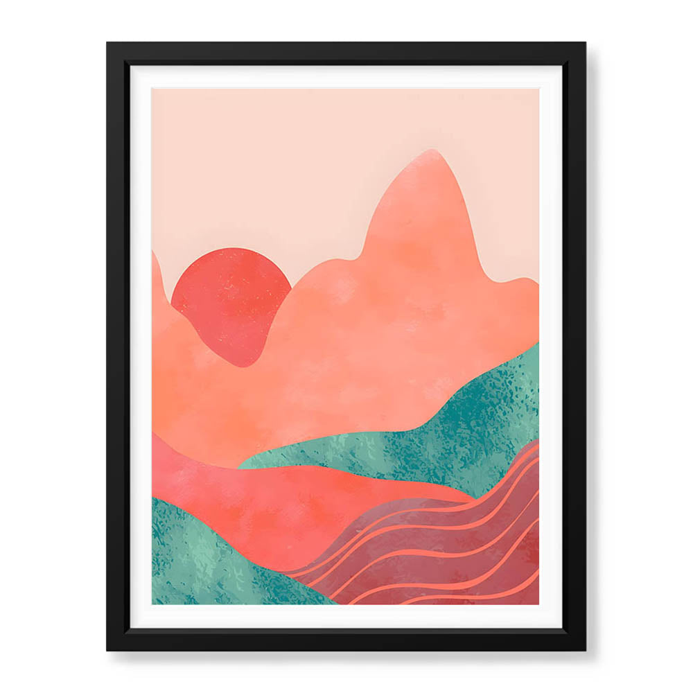 Orange & Green Abstract Mountain Design With Moon | Abstract Nature Artwork #00313 - Prime Décor