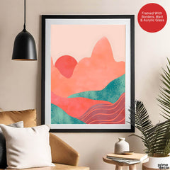 Orange & Green Abstract Mountain Design With Moon | Abstract Nature Artwork #00313 - Prime Décor