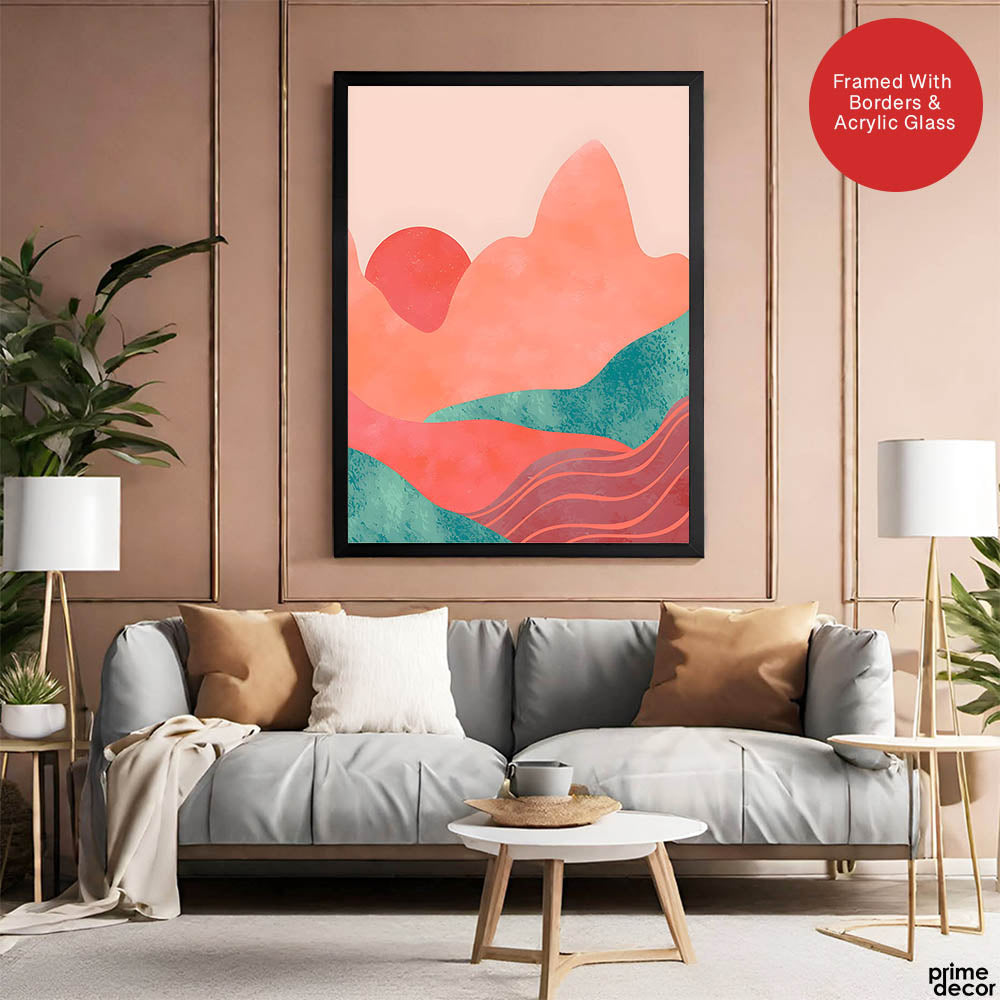 Orange & Green Abstract Mountain Design With Moon | Abstract Nature Artwork #00313 - Prime Décor