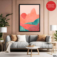 Orange & Green Abstract Mountain Design With Moon | Abstract Nature Artwork #00313 - Prime Décor
