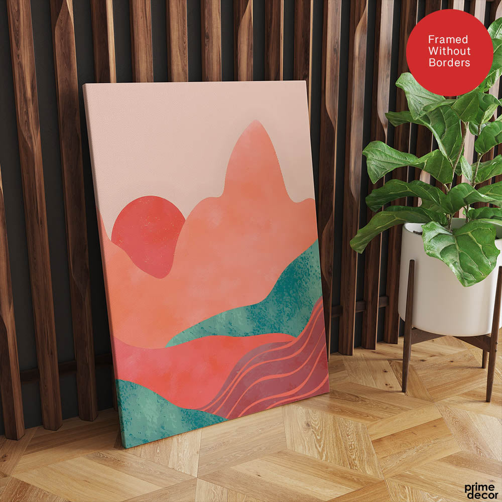 Orange & Green Abstract Mountain Design With Moon | Abstract Nature Artwork #00313 - Prime Décor