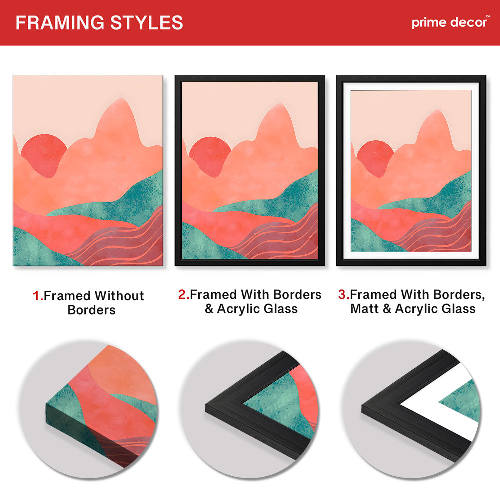 Orange & Green Abstract Mountain Design With Moon | Abstract Nature Artwork #00313 - Prime Décor