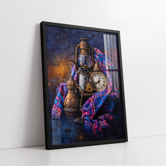 Antique Lantern & Vintage Clock Still Life (Single Panel) Digital Painting Wall Art