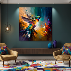 Colorful Hummingbird In Flight Knife Work (Single Panel) Digital Painting Wall Art