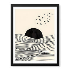 Black & White Sea View With Sun Over Flying Birds | Abstract Nature Artwork #00317 - Prime Décor
