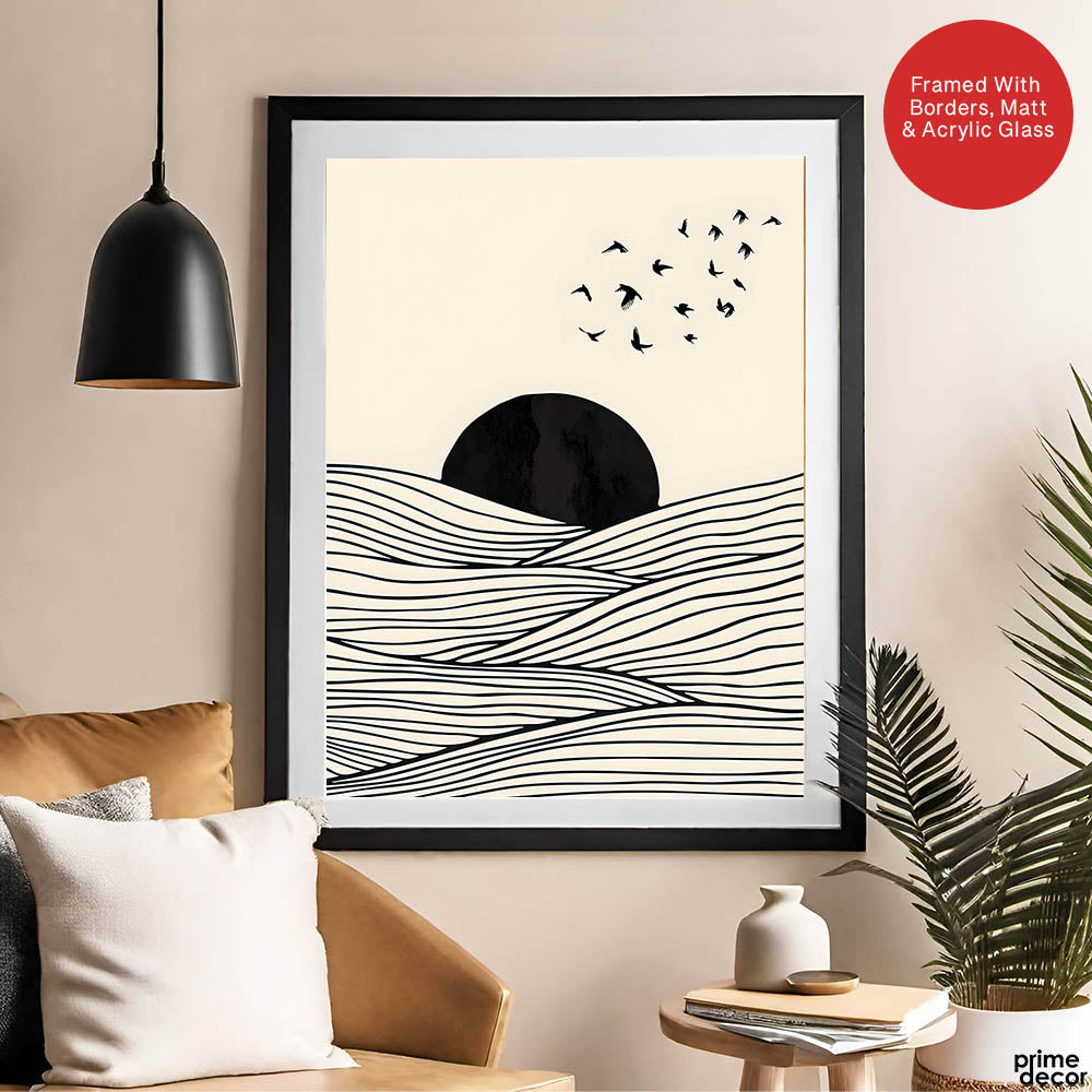 Black & White Sea View With Sun Over Flying Birds | Abstract Nature Artwork #00317 - Prime Décor