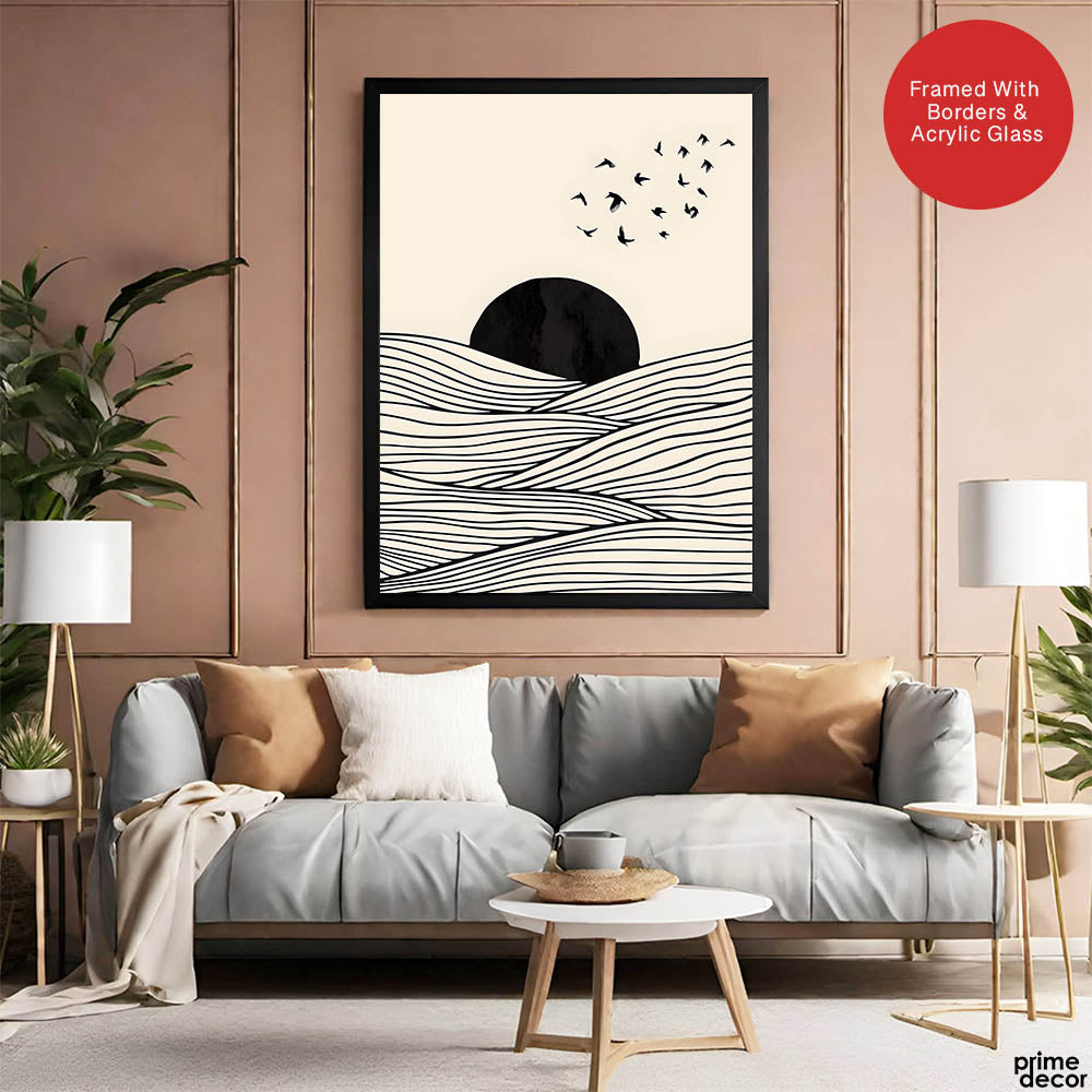 Black & White Sea View With Sun Over Flying Birds | Abstract Nature Artwork #00317 - Prime Décor