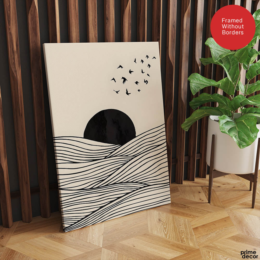 Black & White Sea View With Sun Over Flying Birds | Abstract Nature Artwork #00317 - Prime Décor