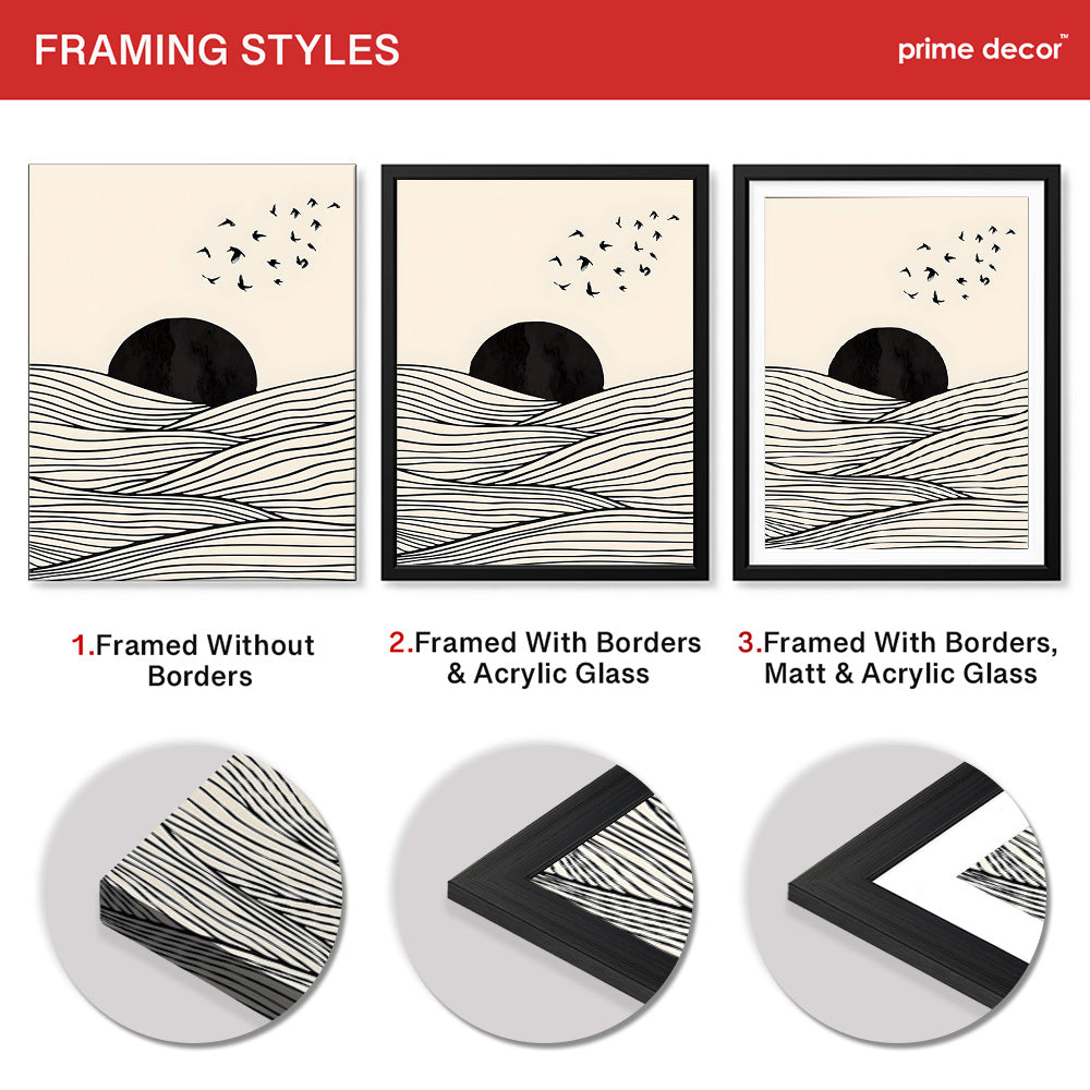 Black & White Sea View With Sun Over Flying Birds | Abstract Nature Artwork #00317 - Prime Décor