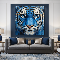 Majestic Blue Tiger Face With Gold Accents (Single Panel) Digital Painting Wall Art