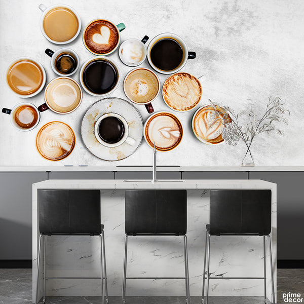 Different Types Of Coffee In Cups On The Table | Cafe Wallpaper Mural