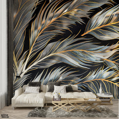 Gold & Blue Abstract Floral Leaves Over Black Background | Floral Wallpaper Mural - Prime Décor