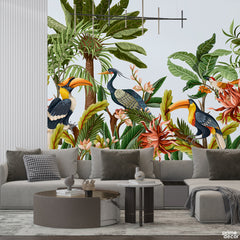 Colorful Toucans & Large Tropical Blooms With Lush Foliage | Botanical Safari Wallpaper Mural