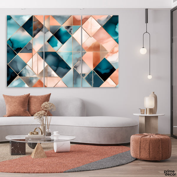 Blue & Orange Color Shades Geometric Art (3 Panel) Abstract Wall Art