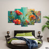 Beautiful Flying Bird Over Red Flowers (5 Panel) Floral Wall Art