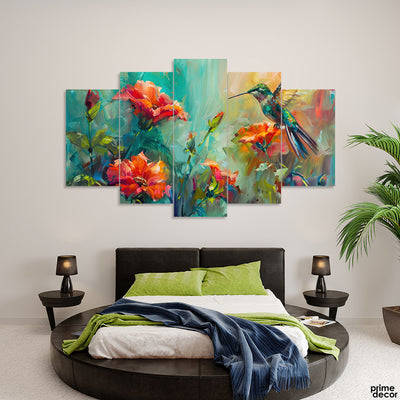 Beautiful Flying Bird Over Red Flowers (5 Panel) Floral Wall Art