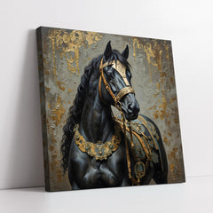 Majestic Black Horse With Gold Ornaments (Single Panel) Digital Painting Wall Art