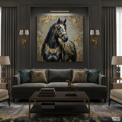 Majestic Black Horse With Gold Ornaments (Single Panel) Digital Painting Wall Art