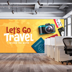 Let's Go Travel Camera & Passport With Yellow Background | Travel Wallpaper Mural - Prime Décor