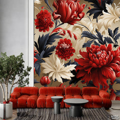 Red Oxide Flowers With Cinder & Grey Leaves | Floral Wallpaper Mural - Prime Décor