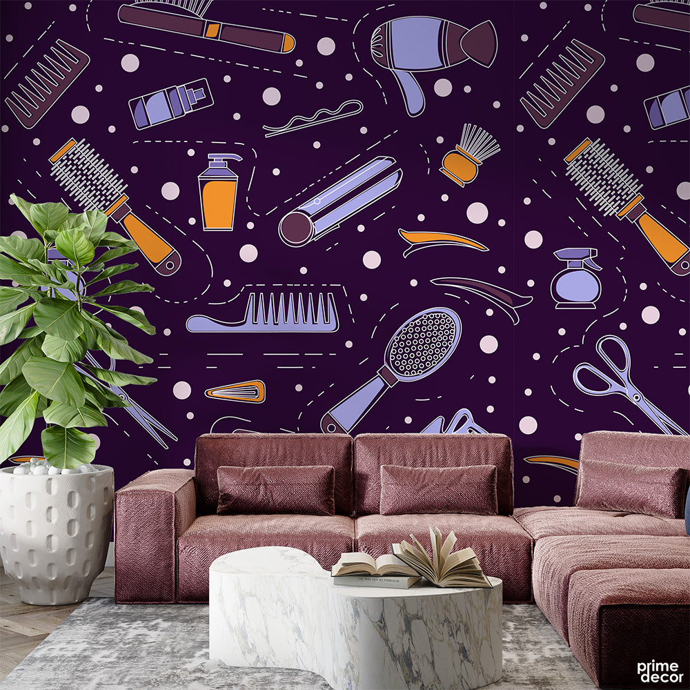 Lavender Salon Elements With Dark Purple Background | Fashion Wallpaper Mural - Prime Décor