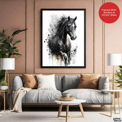 Aesthetic Black & White Horse Over White Background | Abstract Animal Artwork #00329