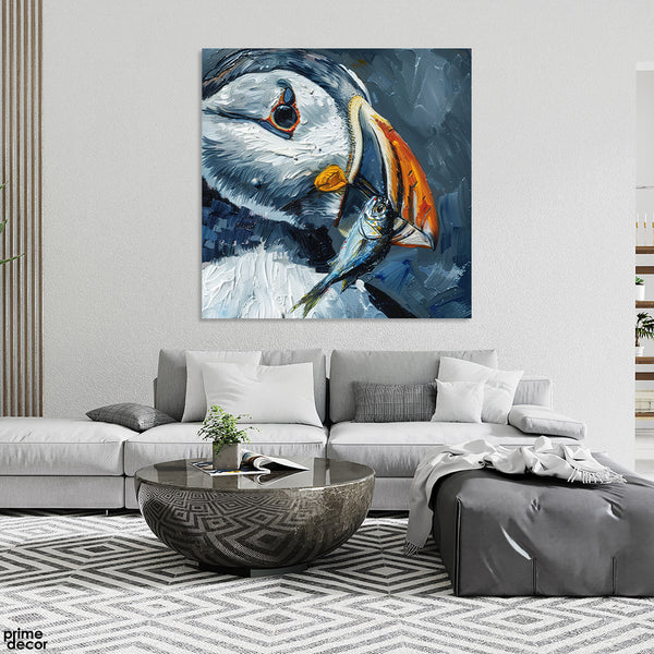 Beautiful Artwork of Puffin With Blue Background (Single Panel) Nature Square Wall Art
