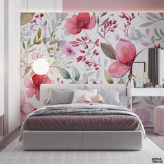 Faded Red Watercolor Flower Buds | Floral Wallpaper Mural - Prime Décor