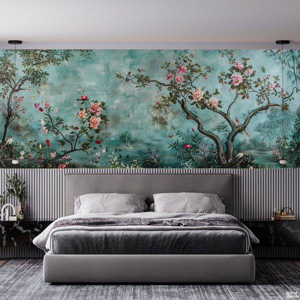 Beautiful Pink Flowers With Abstract Sea Green Background | Nature Wallpaper Mural