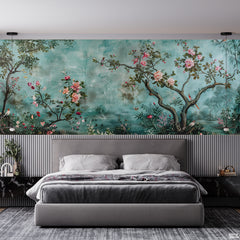 Beautiful Pink Flowers With Abstract Sea Green Background | Nature Wallpaper Mural