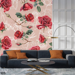 Watercolor Red Roses & Sketches With Blush Pink Background | Romantic Floral Wallpaper Mural