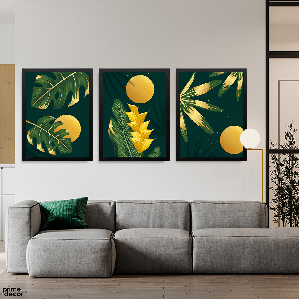Abstract Green & Gold Tropical Leaves With Moon (3 Panel) Floral Wall Art - Prime Décor