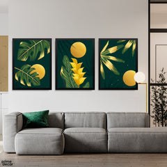 Abstract Green & Gold Tropical Leaves With Moon (3 Panel) Floral Wall Art - Prime Décor