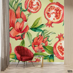 Pomegranate With Green Exotic Leaves | Food Wallpaper Mural