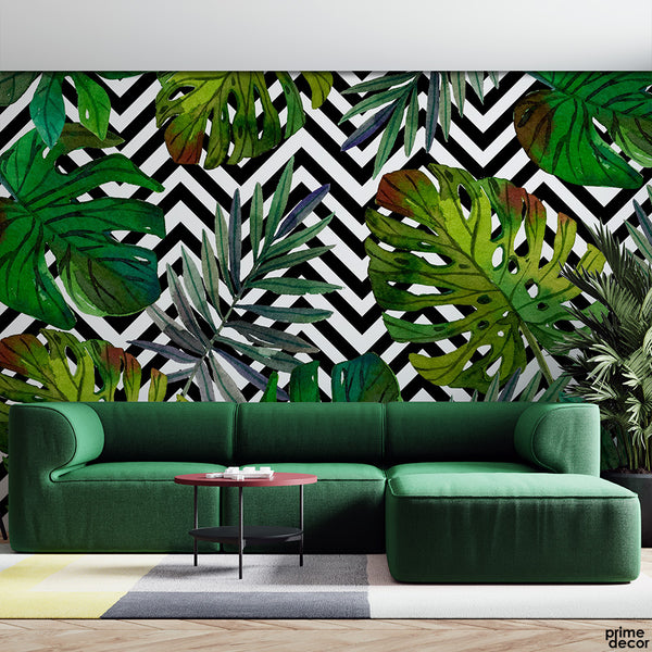 Exotic Tropical Leaves With Black & White Zig Zag Lines | Floral Wallpaper Mural - Prime Décor