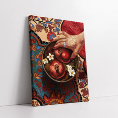 The Red Pomegranates On Colorful Patterned Rug (Single Panel) Digital Painting Wall Art
